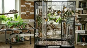 Demonstration of a removable pull-out tray on an iron flight cage for multiple finches for easy cleaning.