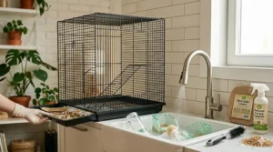 Illustration highlighting the slide-out debris tray and easy-clean features of a compact bird cage housing two parakeets.