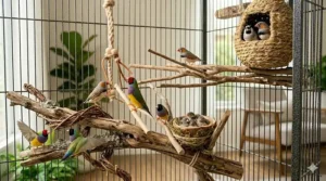 Close up view of a finch flight cage interior with natural wood perches and food bowls