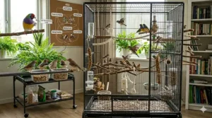 Interior layout illustration of a flight cage for multiple finches showing perches placed at opposite ends to encourage exercise.