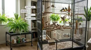 Size chart showing the minimum recommended dimensions of a spacious flight cage for multiple finches to fly horizontally.