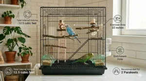 Line art illustration showcasing horizontal flight paths inside a small bird cage optimized for 2 parakeets.