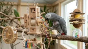 A parrot using a foraging toy to stay occupied and prevent feather plucking.