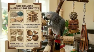 A collection of bird-safe foraging materials including shredded paper, cardboard, and woven palm leaf.