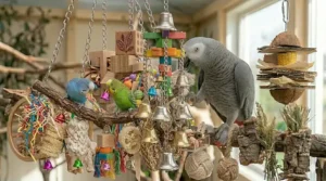 Brightly colored hanging bell toy for auditory enrichment to alleviate feather plucking.