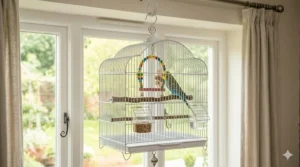 A classic white wire hanging cage for a single parakeet or budgie equipped with a swing and plastic perches.