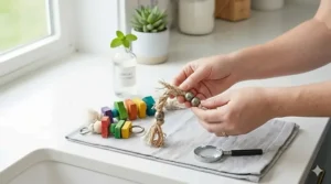 A close-up view of a person checking a parrot toy for frayed rope or rusted metal parts before washing.