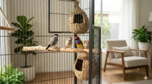 A spacious wrought iron finch flight cage with vertical bars and a wide front door