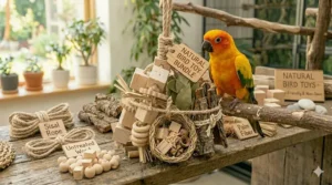 A variety bundle of organic, plastic-free natural bird toys suitable for daily enrichment.