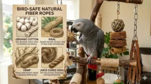 Illustration of bird-safe natural rope materials like organic cotton, sisal, and hemp for climbing toys.