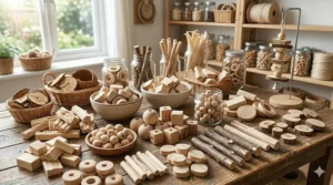 Assorted shapes of untreated, bird-safe wooden beads used as essential bird toy parts and supplies.