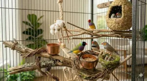 A large covered outdoor finch flight cage aviary set up in a backyard garden area