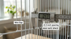 An illustration highlighting safe bar spacing of less than half an inch for a beginner budgie cage.