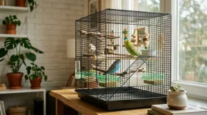 Graphic illustration detailing the safe bar spacing of a small bird cage for two parakeets to prevent escape or injury.