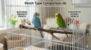 A comparison showing natural wood perches versus standard plastic perches in a starter bird cage.