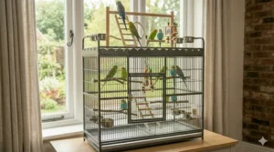A multi-level parakeet cage topped with a built-in play gym including a ladder, swing, and toy hook for avian enrichment.