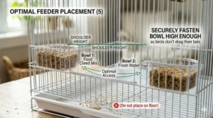 A diagram showing where to place food and water bowls inside a parakeet starter cage kit to prevent contamination.