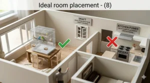 A home layout guide showing where to place your parakeet starter cage kit for optimal warmth and safety.