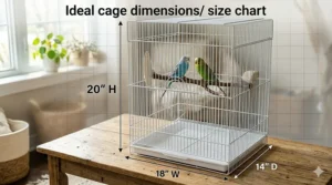 A size guide diagram showing the minimum dimensions required for a parakeet starter cage kit.