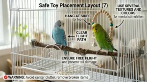 An illustration of a well-organized parakeet cage with safe toys that leave plenty of room for flight.