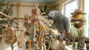Soft textured preening toy helping parrots satisfy natural instincts instead of plucking.