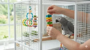 A bird owner placing fresh, clean toys into a cage to keep their pet parrot mentally stimulated.