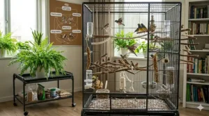 Close-up of safe half-inch bar spacing on a metal flight cage for multiple finches to prevent escape.