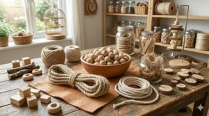 Organic cotton and sisal rope coils, perfect bird toy supplies for bird owners crafting homemade perches and hanging toys.