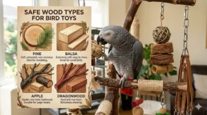 An infographic listing safe wood materials for bird toys including balsa, pine, and dragonwood.
