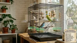 Interior layout illustration of a small bird cage for 2 parakeets demonstrating optimal placement for perches, toys, and food dishes.