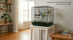 Household illustration showing the best draft-free, eye-level location to place a small bird cage for 2 parakeets.