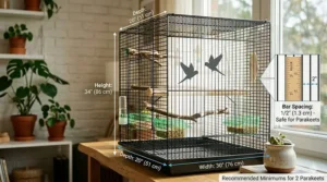 Illustration showing the ideal minimum dimensions of a small bird cage for 2 parakeets to ensure comfortable flight space.
