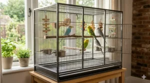 A wide flight cage for parakeets designed to provide ample horizontal flying space with multiple perches and easy-access doors.