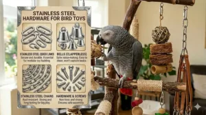 Close-up of stainless steel quick links and bells, highlighting non-toxic metal materials for bird toys.
