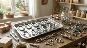 Durable stainless steel quick-links and hooks, necessary bird toy parts for safely attaching play structures to cages.