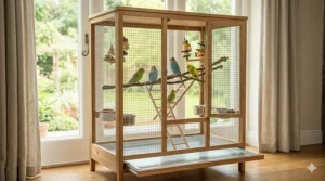 An elegant indoor wooden bird aviary with fine mesh wiring and a pull-out tray for easy cleaning of parakeet waste.