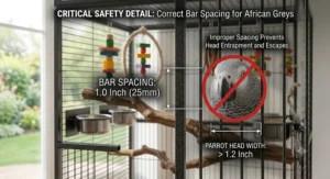 A detailed close-up diagram explaining the correct bar spacing safety for an African grey parrot cage.
