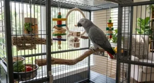 The interior setup of an African grey cage with varied natural wood perches and foraging toys.