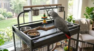 A playtop African grey parrot cage with a top perch and toy attachment area for enrichment.