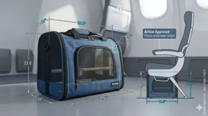 Dimension diagram showing an airline approved bird carrier designed to fit under a standard commercial airplane seat.