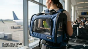 Hands-free backpack style airline approved bird carrier with clear view windows for hiking or airport transit.