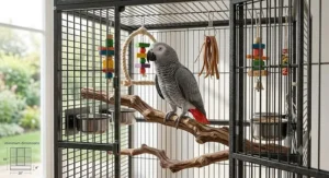 An illustration showing the minimum recommended cage size dimensions for an African grey parrot.
