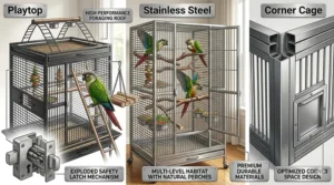 A detailed technical illustration showing top rated conure cages, showcasing playtop variants, stainless steel structures, and an exploded view of a safety latch mechanism.