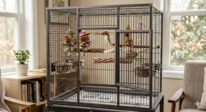 A large metallic flight cage filled with natural wood perches and colourful shredding toys for an active conure.
