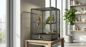 Illustration of a colorful parakeet inside a securely locked, compact bird cage tailored for apartment rooms.