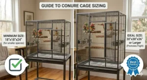 A side-by-side comparison illustrating the minimum versus ideal cage sizes for small parrot species like Green Cheek Conures.