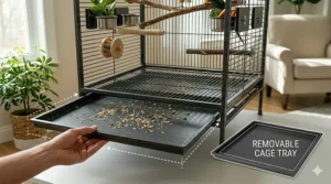 Step-by-step graphic illustrating how to remove the bottom tray for easy cleaning of a medium parrot cage.