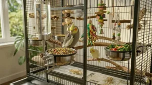 Detailed shot of separate feeding stations and water bowls inside a cockatiel cage for 2 birds