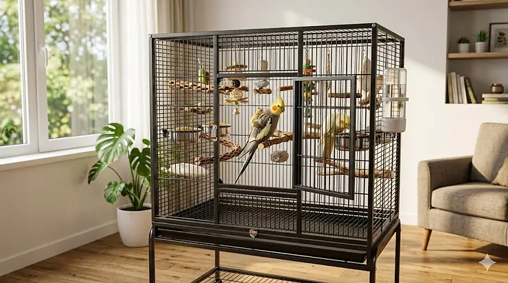 Photorealistic large metal flight cage designed for two cockatiels with natural perches and toys in bright morning light