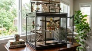 Close up view of a bird cage play top showing a wooden perch, ladder, and stainless steel feeding cups for a cockatiel.
